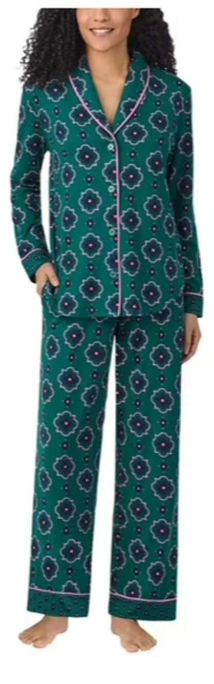 Room Service Shawl Collar Pajama Set Green Geo Womens Medium